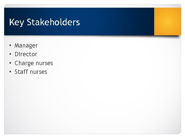 Key Stakeholders • • Manager Director Charge nurses Staff nurses 