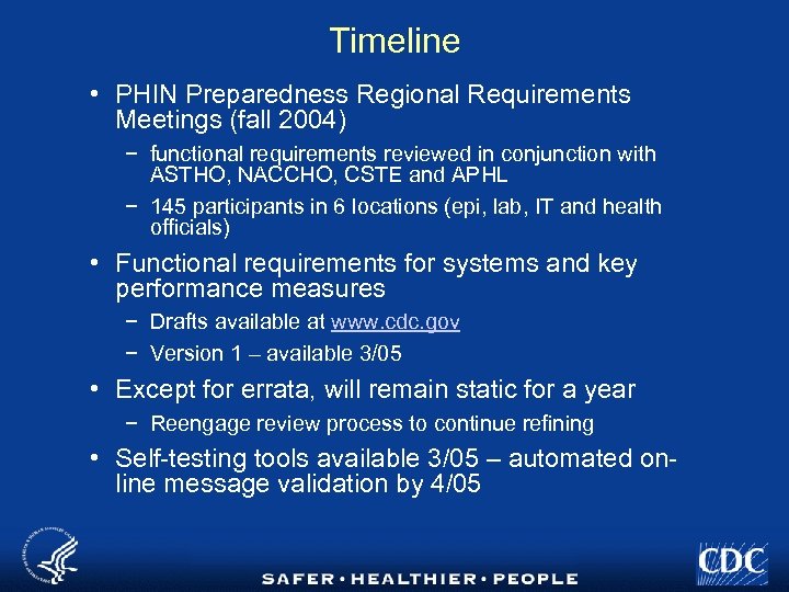 Timeline • PHIN Preparedness Regional Requirements Meetings (fall 2004) − functional requirements reviewed in