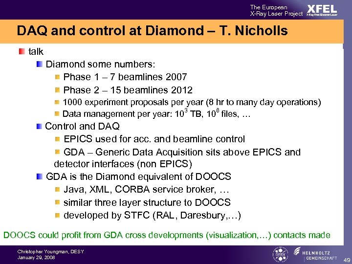 The European X-Ray Laser Project XFEL X-Ray Free-Electron Laser DAQ and control at Diamond