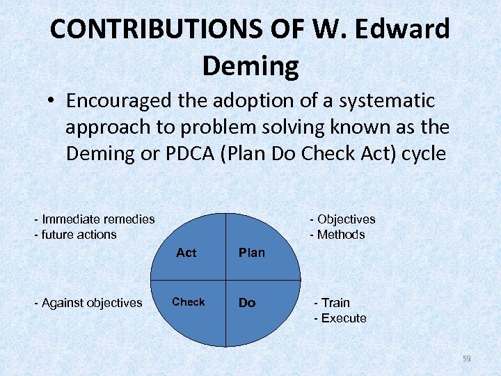 CONTRIBUTIONS OF W. Edward Deming • Encouraged the adoption of a systematic approach to