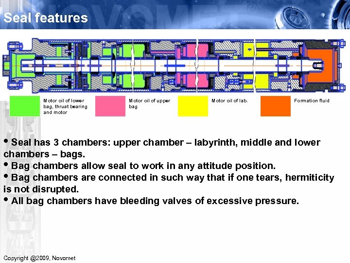 Seal features Motor oil of lower bag, thrust bearing and motor Motor oil of