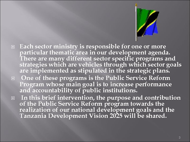  Each sector ministry is responsible for one or more particular thematic area in