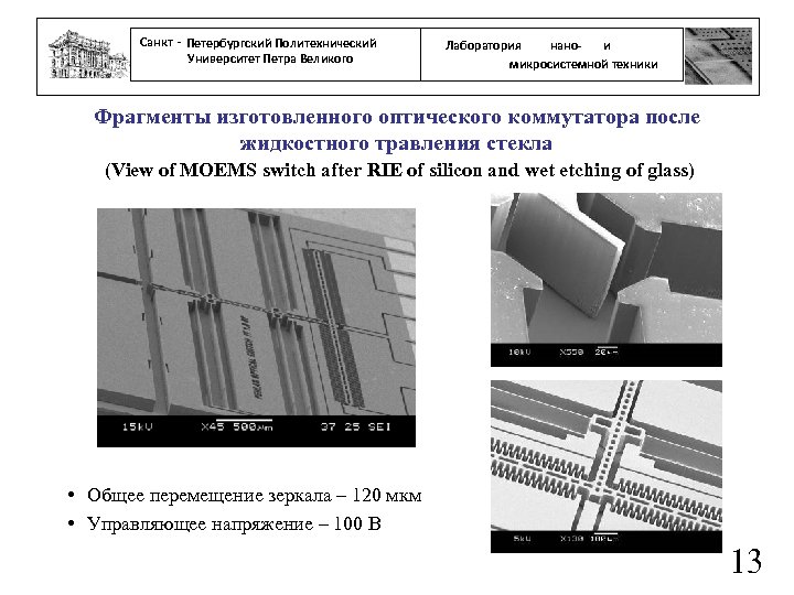 Санкт - Петербургский Политехнический Университет Петра Великого нанои Лаборатория микросистемной техники Фрагменты изготовленного оптического