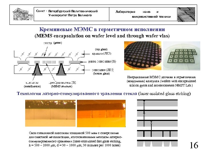 Санкт - Петербургский Политехнический Университет Петра Великого нанои Лаборатория микросистемной техники Кремниевые МЭМС в