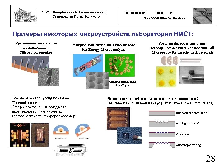 Санкт - Петербургский Политехнический Университет Петра Великого нанои Лаборатория микросистемной техники Примеры некоторых микроустройств