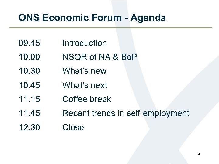 ONS Economic Forum - Agenda 09. 45 Introduction 10. 00 NSQR of NA &