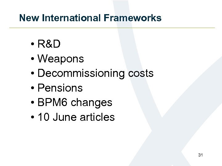 New International Frameworks • R&D • Weapons • Decommissioning costs • Pensions • BPM