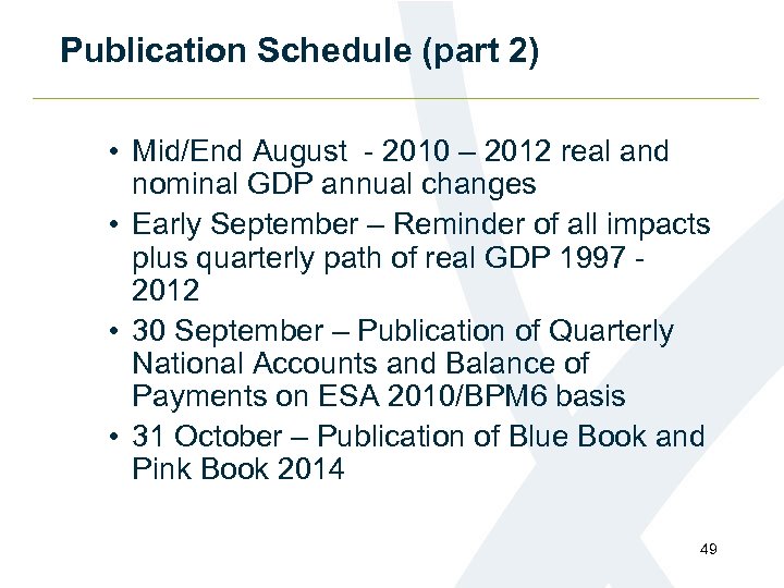 Publication Schedule (part 2) • Mid/End August - 2010 – 2012 real and nominal
