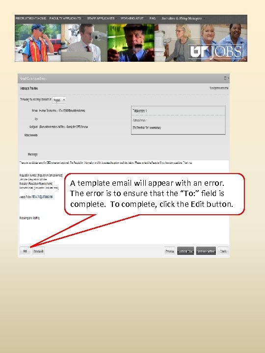 A template email will appear with an error. The error is to ensure that