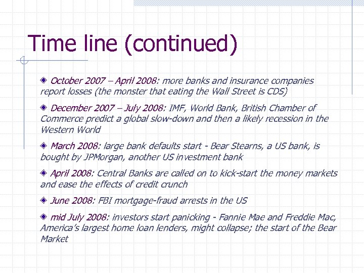 Time line (continued) October 2007 – April 2008: more banks and insurance companies report