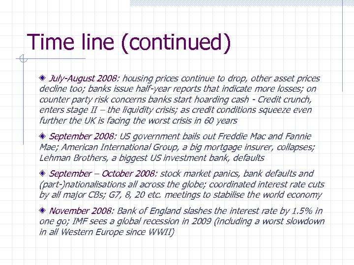 Time line (continued) July-August 2008: housing prices continue to drop, other asset prices decline