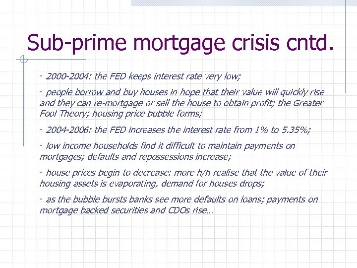 Sub-prime mortgage crisis cntd. - 2000 -2004: the FED keeps interest rate very low;