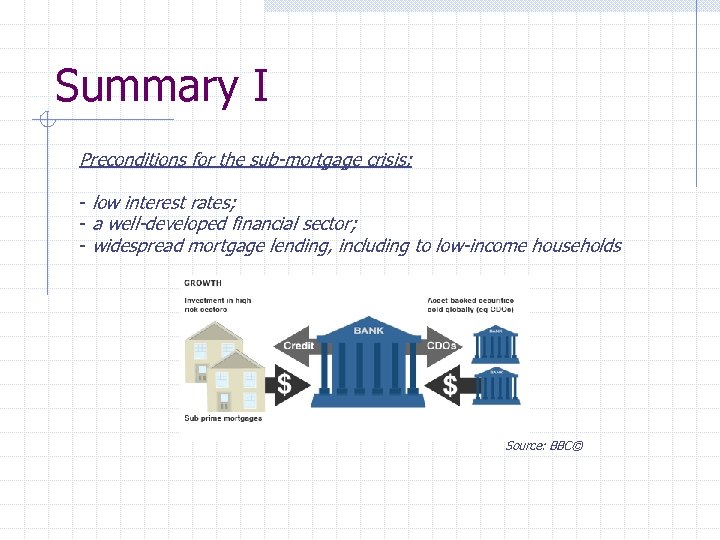 Summary I Preconditions for the sub-mortgage crisis: - low interest rates; - a well-developed