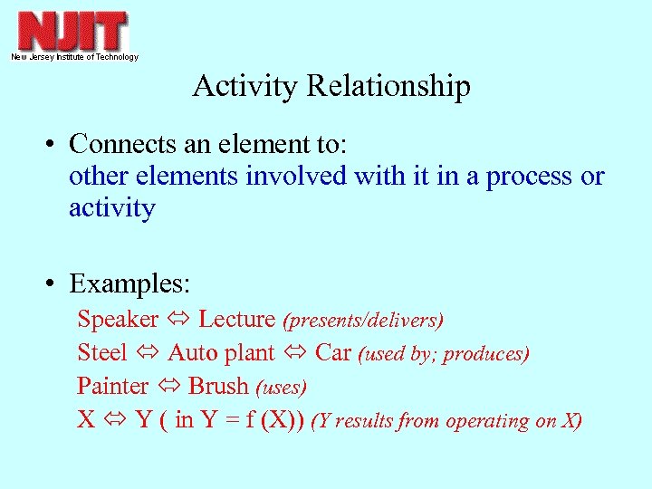Activity Relationship • Connects an element to: other elements involved with it in a