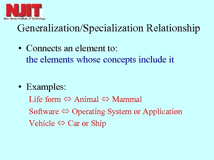 Generalization/Specialization Relationship • Connects an element to: the elements whose concepts include it •