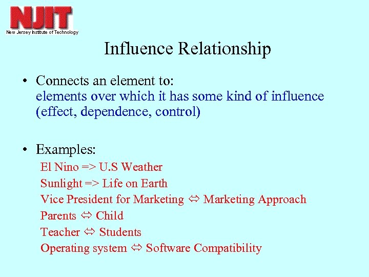 Influence Relationship • Connects an element to: elements over which it has some kind