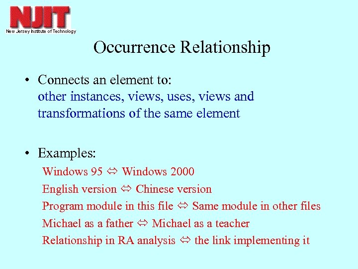 Occurrence Relationship • Connects an element to: other instances, views, uses, views and transformations