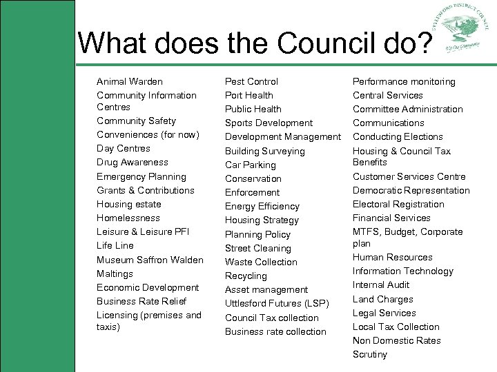 What does the Council do? Animal Warden Community Information Centres Community Safety Conveniences (for