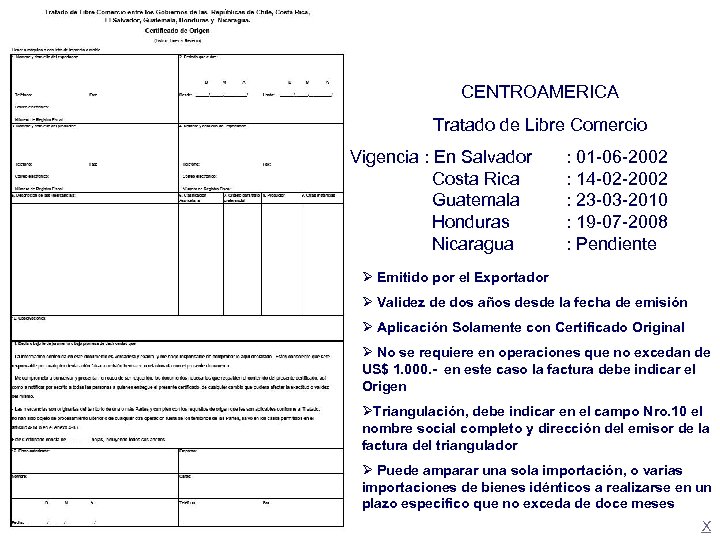 CENTROAMERICA Tratado de Libre Comercio Vigencia : En Salvador Costa Rica Guatemala Honduras Nicaragua