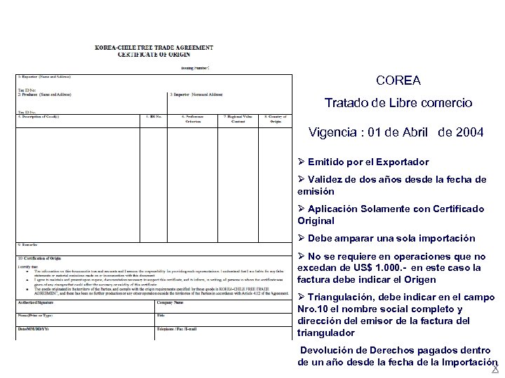 COREA Tratado de Libre comercio Vigencia : 01 de Abril de 2004 Ø Emitido