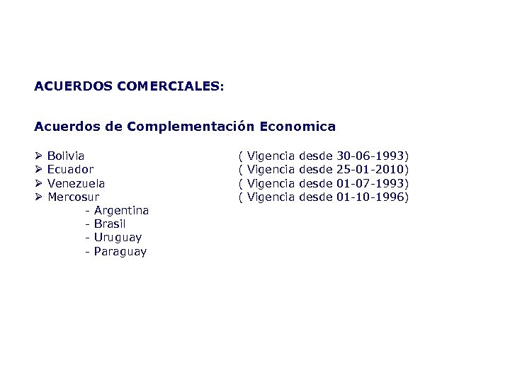 ACUERDOS COMERCIALES: Acuerdos de Complementación Economica Ø Ø Bolivia Ecuador Venezuela Mercosur - Argentina