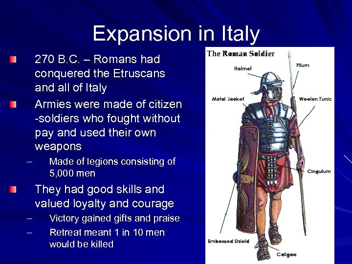Expansion in Italy 270 B. C. – Romans had conquered the Etruscans and all