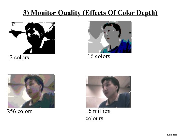 3) Monitor Quality (Effects Of Color Depth) 2 colors 16 colors 256 colors 16