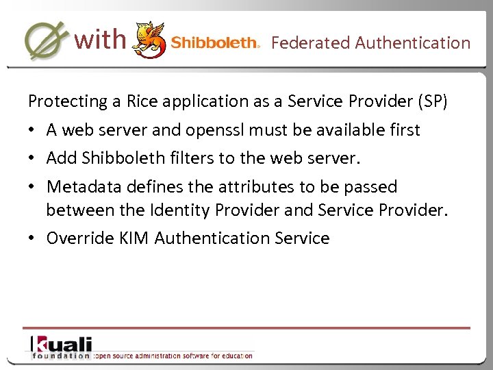 with Federated Authentication Protecting a Rice application as a Service Provider (SP) • A