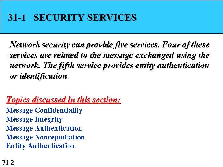 31 -1 SECURITY SERVICES Network security can provide five services. Four of these services