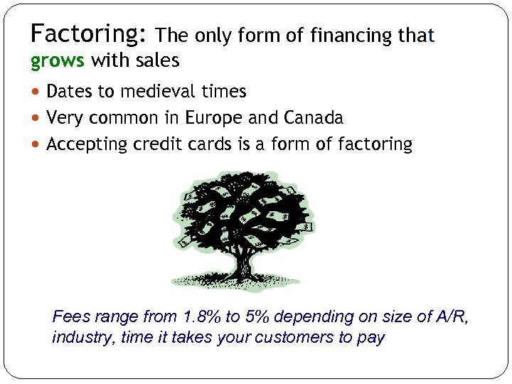 Factoring: The only form of financing that grows with sales Dates to medieval times