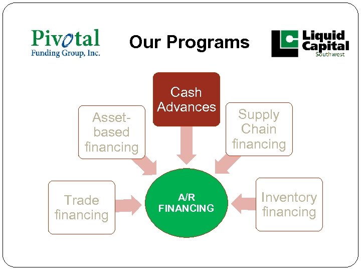 Our Programs Assetbased financing Trade financing Cash Advances A/R FINANCING Supply Chain financing Inventory