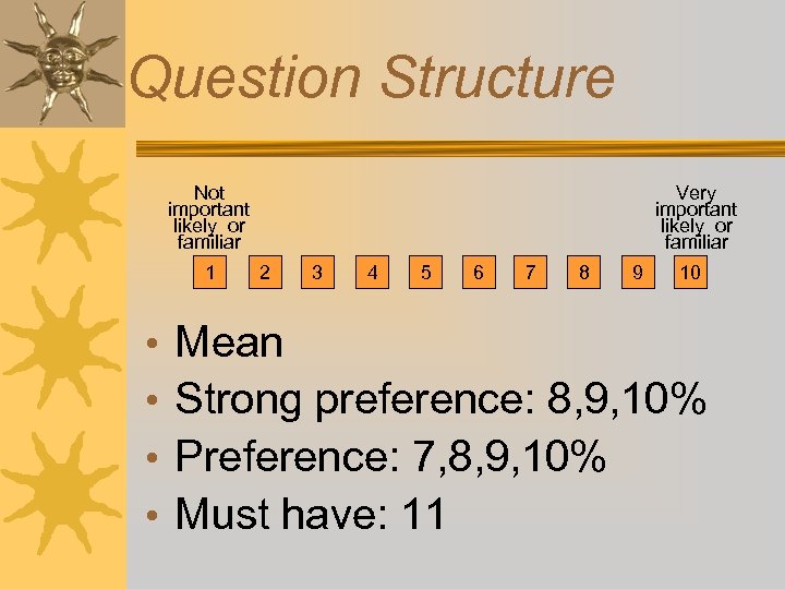 Question Structure Not important likely or familiar 1 Very important likely or familiar 2