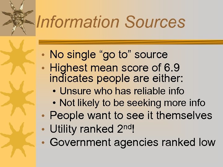 Information Sources • No single “go to” source • Highest mean score of 6.
