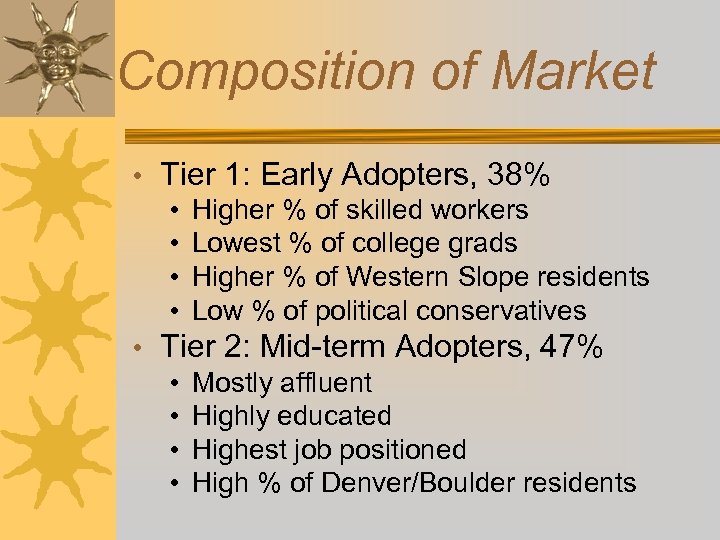 Composition of Market • Tier 1: Early Adopters, 38% • Higher % of skilled