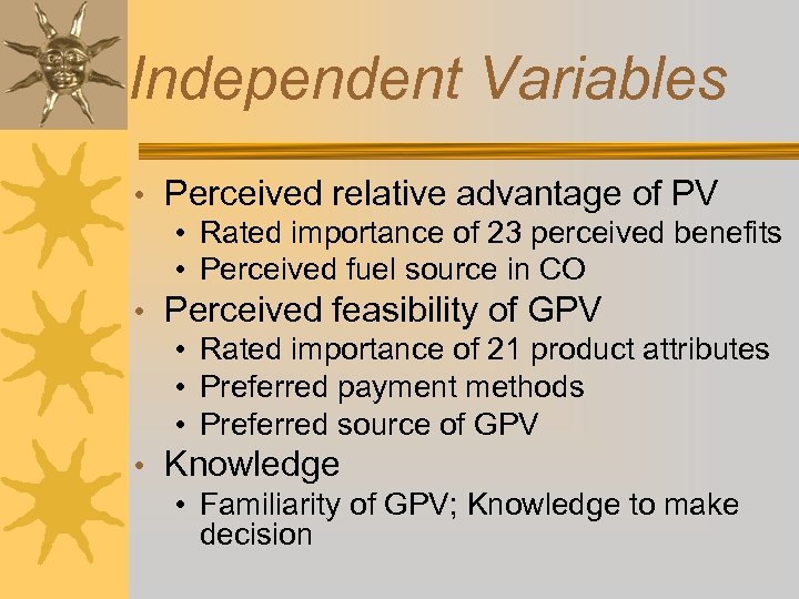 Independent Variables • Perceived relative advantage of PV • Rated importance of 23 perceived