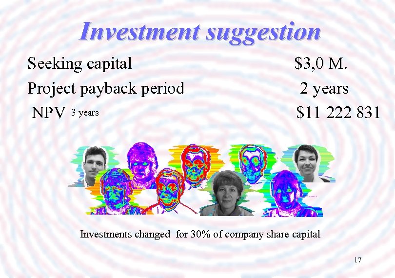 Investment suggestion Seeking capital Project payback period NPV 3 years $3, 0 M. 2