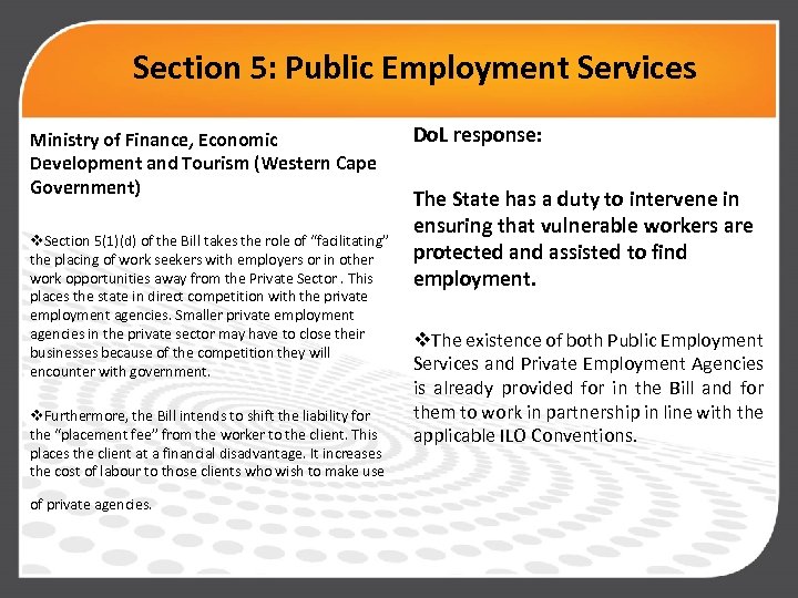 Section 5: Public Employment Services Ministry of Finance, Economic Development and Tourism (Western Cape