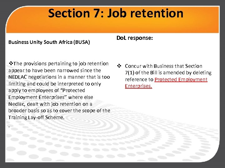 Section 7: Job retention Business Unity South Africa (BUSA) v. The provisions pertaining to