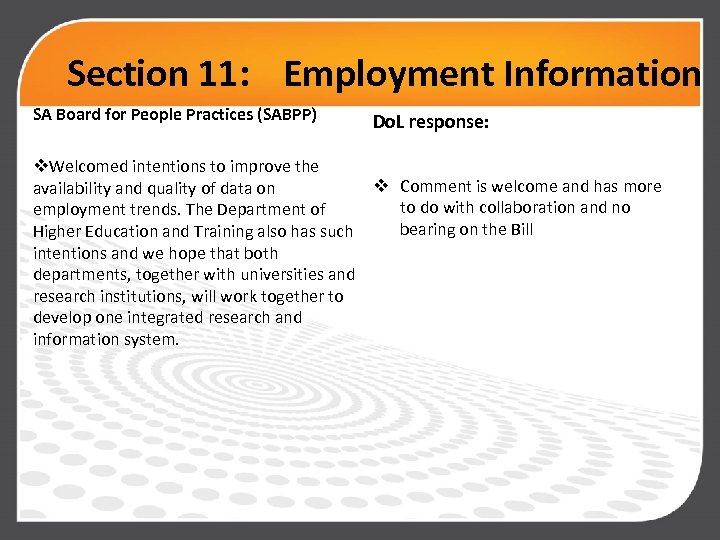 Section 11: Employment Information SA Board for People Practices (SABPP) Do. L response: v.