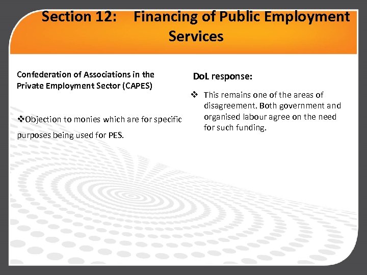 Section 12: Financing of Public Employment Services Confederation of Associations in the Private Employment