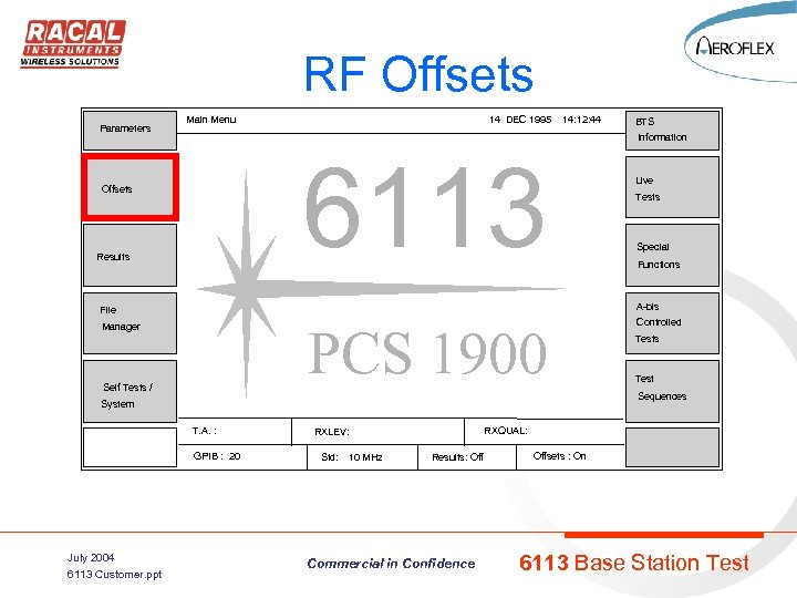 RF Offsets Parameters Main Menu 14 DEC 1995 14: 12: 44 BTS Information 6113