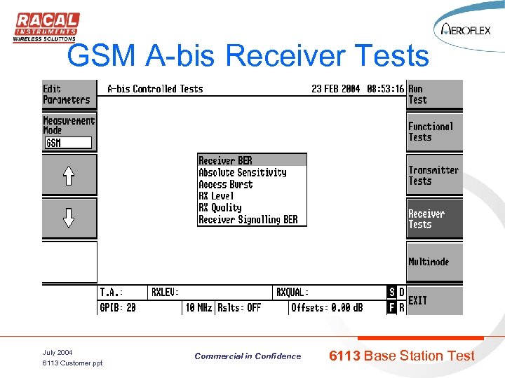 GSM A-bis Receiver Tests July 2004 6113 Customer. ppt Commercial in Confidence 6113 Base