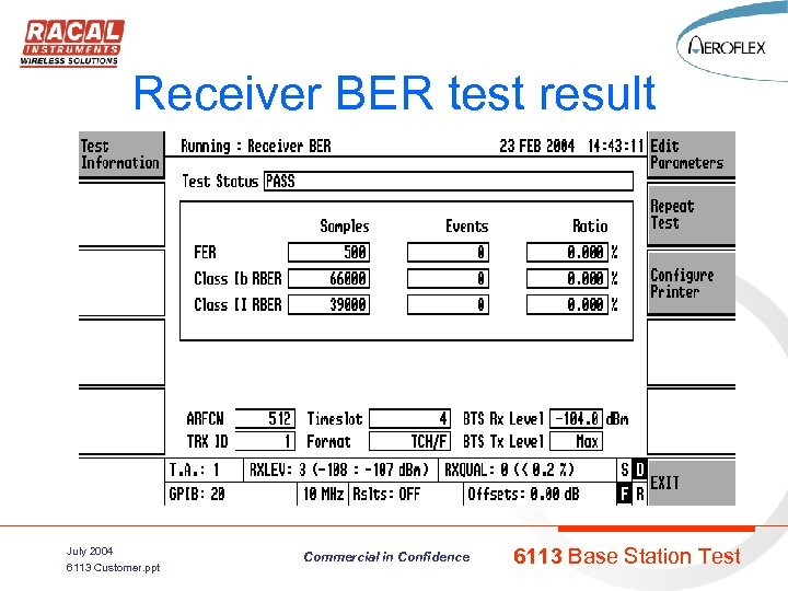 Receiver BER test result July 2004 6113 Customer. ppt Commercial in Confidence 6113 Base