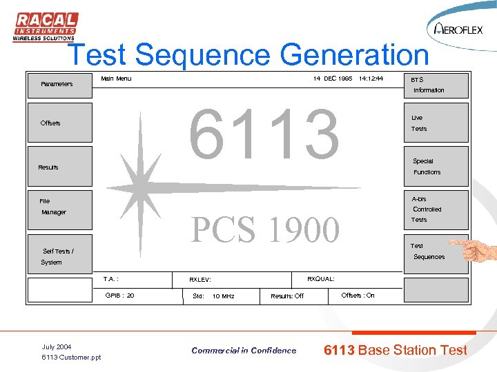 Test Sequence Generation Parameters Main Menu 14 DEC 1995 14: 12: 44 Information 6113