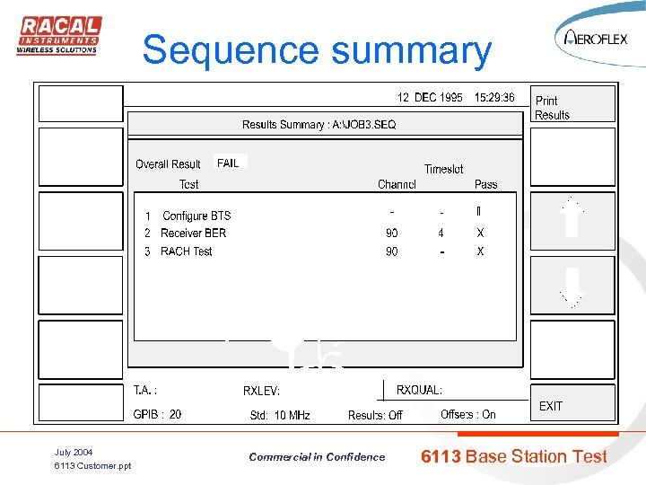 Sequence summary July 2004 6113 Customer. ppt Commercial in Confidence 6113 Base Station Test