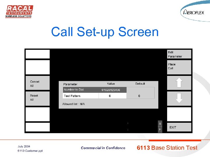 Call Set-up Screen July 2004 6113 Customer. ppt Commercial in Confidence 6113 Base Station