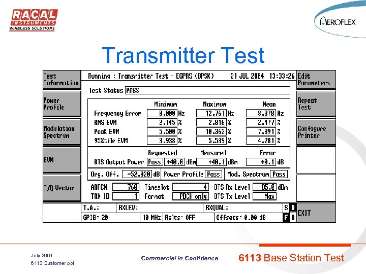 Transmitter Test July 2004 6113 Customer. ppt Commercial in Confidence 6113 Base Station Test