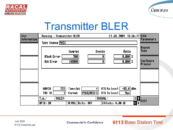 Transmitter BLER July 2004 6113 Customer. ppt Commercial in Confidence 6113 Base Station Test