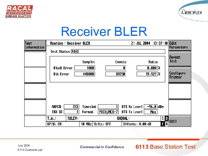 Receiver BLER July 2004 6113 Customer. ppt Commercial in Confidence 6113 Base Station Test