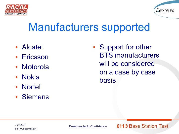 Manufacturers supported • • • Alcatel Ericsson Motorola Nokia Nortel Siemens July 2004 6113